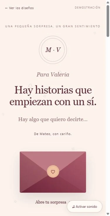 Vista de demostración del diseño de carta digital de Dilo Bonito